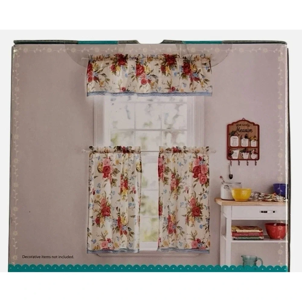 Pioneer Women Small Window Curtain Set Sweet Rose 2 Rod Pocket Tiers & Valance - Picture 2 of 5